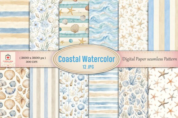 Download Coastal Watercolor Digital Paper Bundle - Digital paper Collection